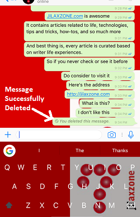 Delete WhatsApp Message jilaxzone.com You Deleted this Message